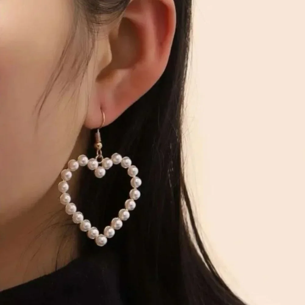 Faux Pearl Heart Dangle Earrings